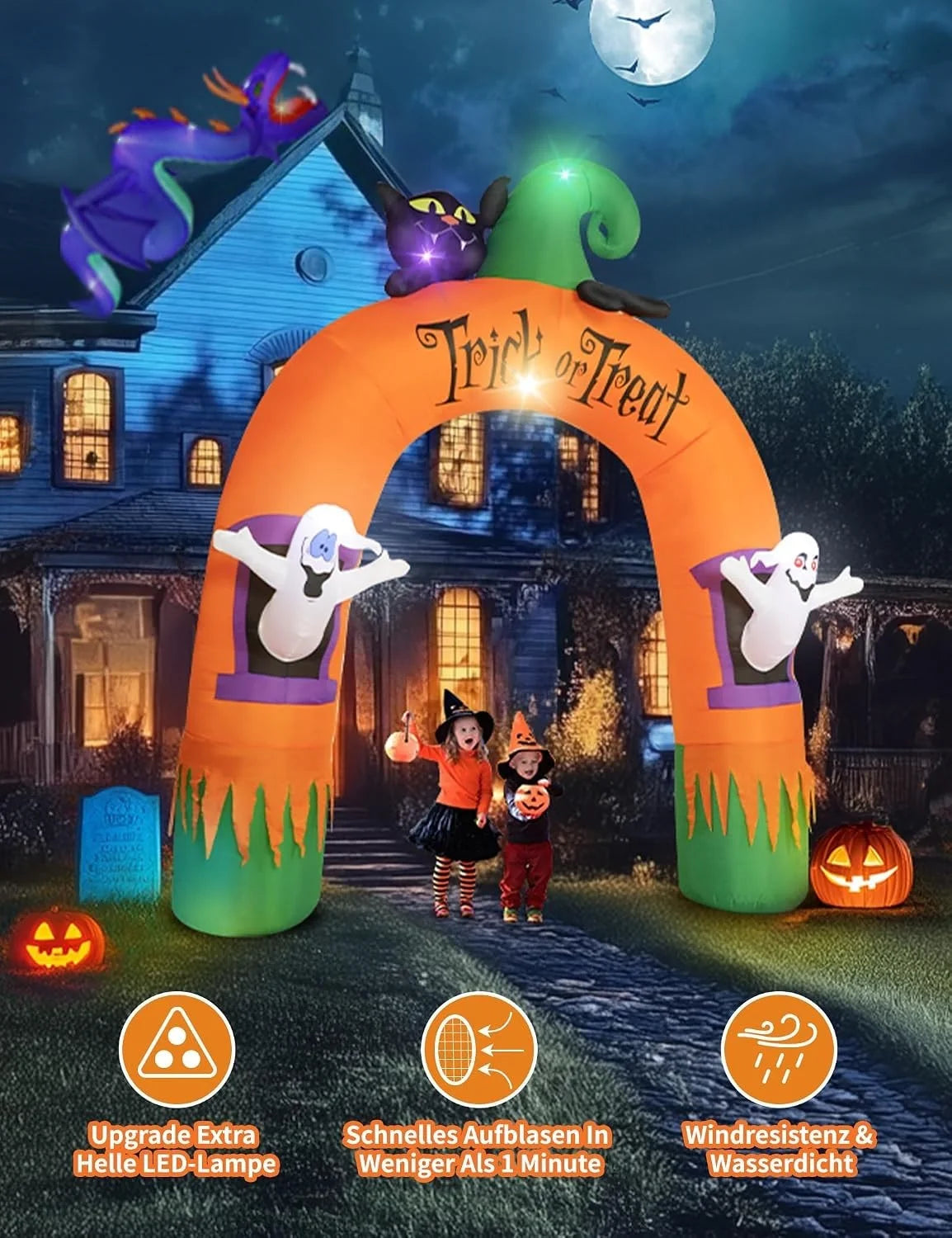 Halloween Deko Aufblasbar 305cm Torbogen LED Geist Katze Garten Outdoor