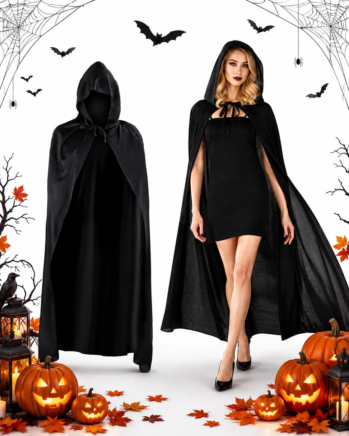 Halloween Umhang Schwarz mit Kapuze 120cm Cape Kostüm Vampir Hexe Verkleidung