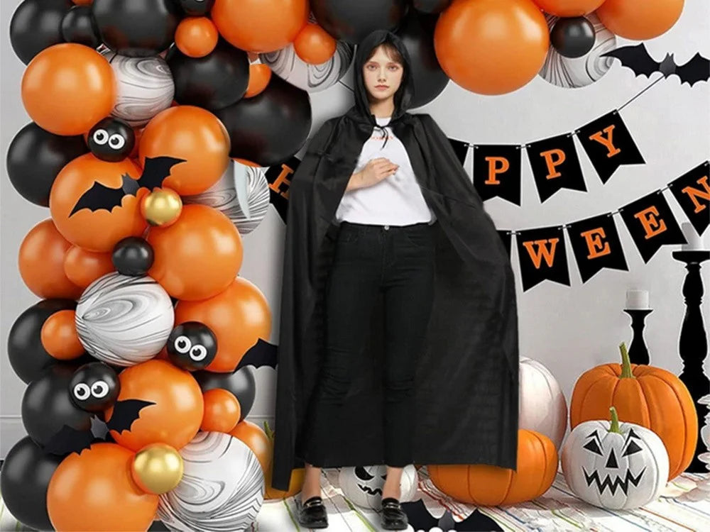 Halloween Umhang Schwarz mit Kapuze 120cm Cape Kostüm Vampir Hexe Verkleidung