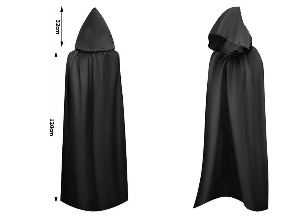 Halloween Umhang Schwarz mit Kapuze 120cm Cape Kostüm Vampir Hexe Verkleidung