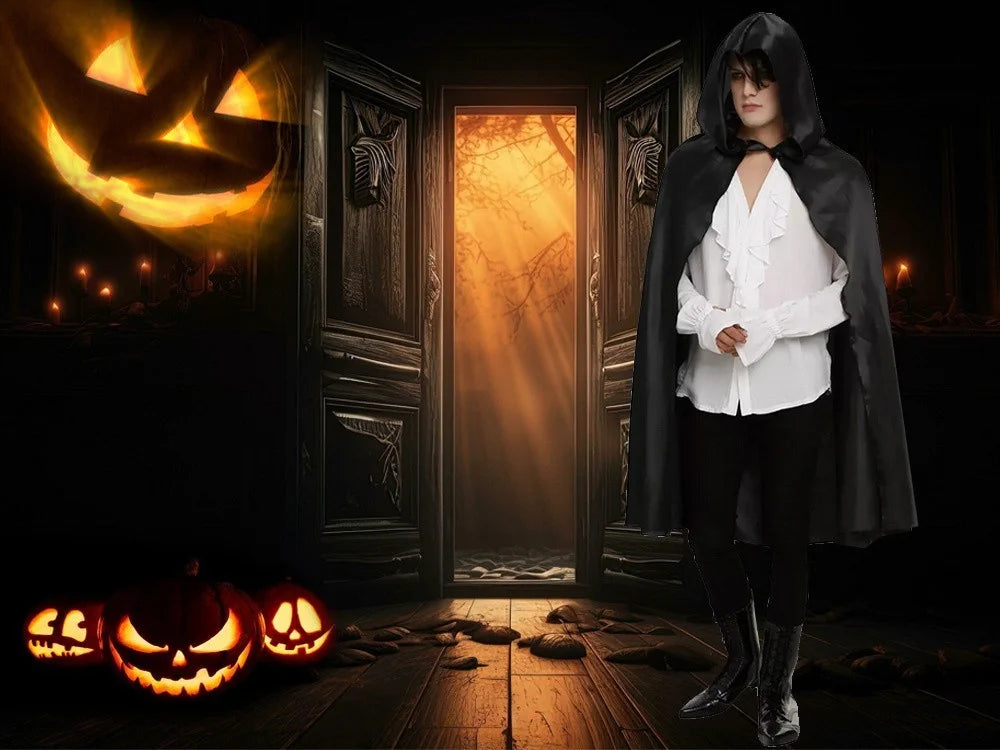 Halloween Umhang Schwarz mit Kapuze 120cm Cape Kostüm Vampir Hexe Verkleidung