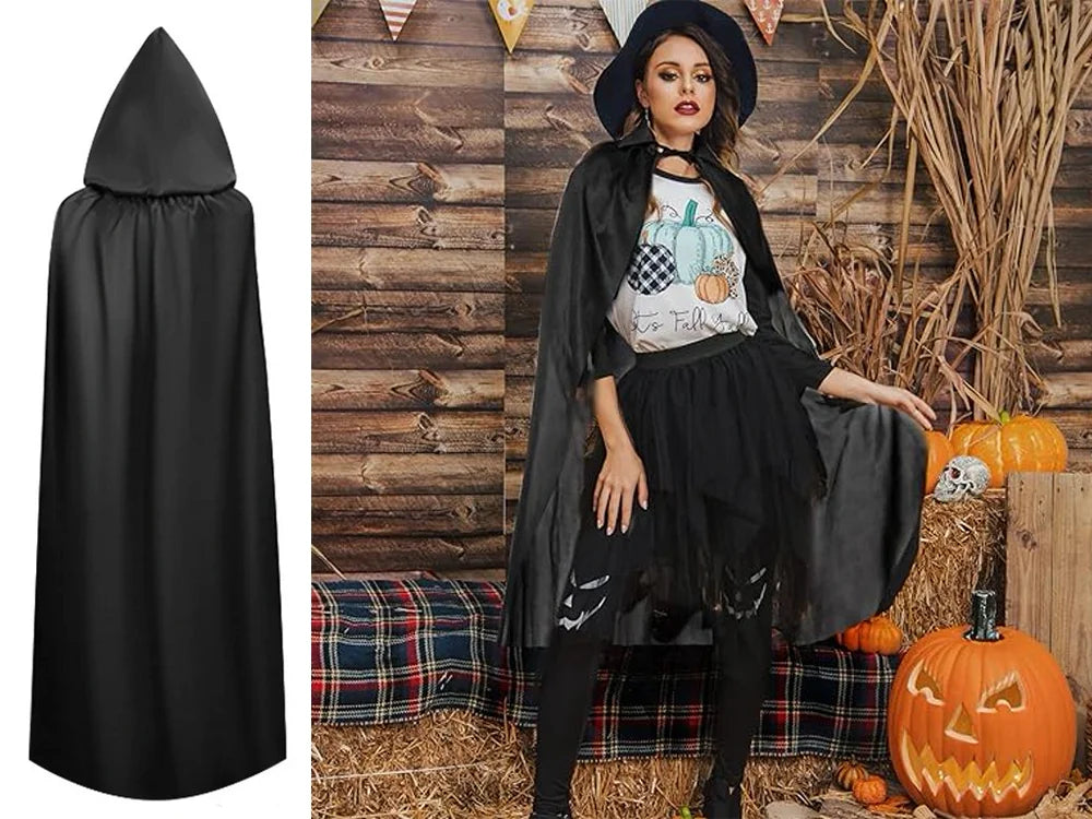 Halloween Umhang Schwarz mit Kapuze 120cm Cape Kostüm Vampir Hexe Verkleidung