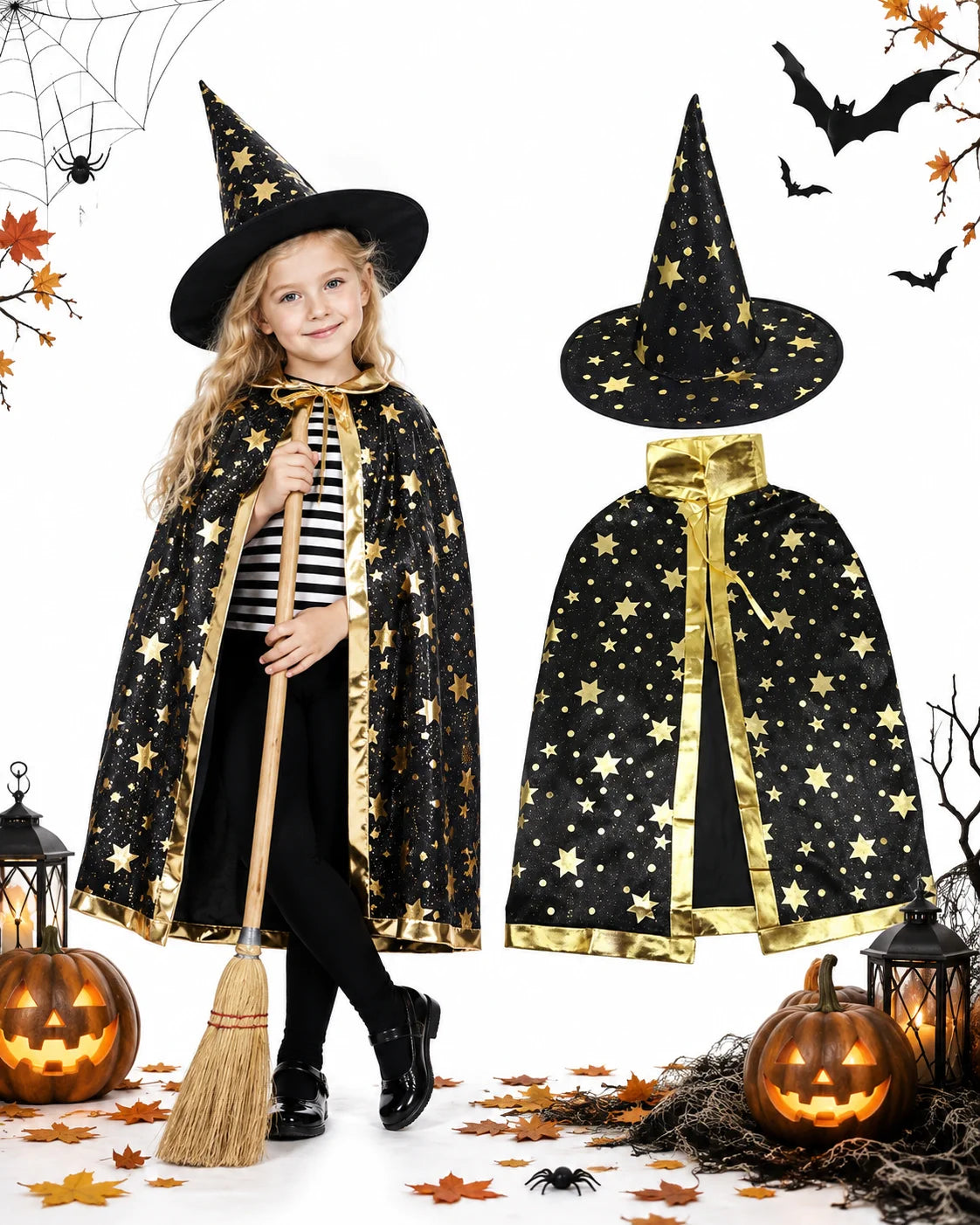 Zauberer Kostüm mit Hut & Sternen-Umhang – Magier Verkleidung für Halloween, Karneval und Fasching