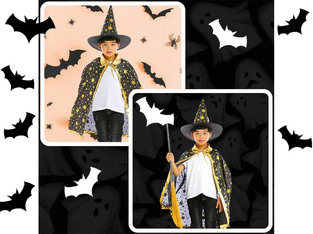Kinder Halloween Kostüm Hexe Zauberer Umhang mit Hut 🎃 Karneval Verkleidung