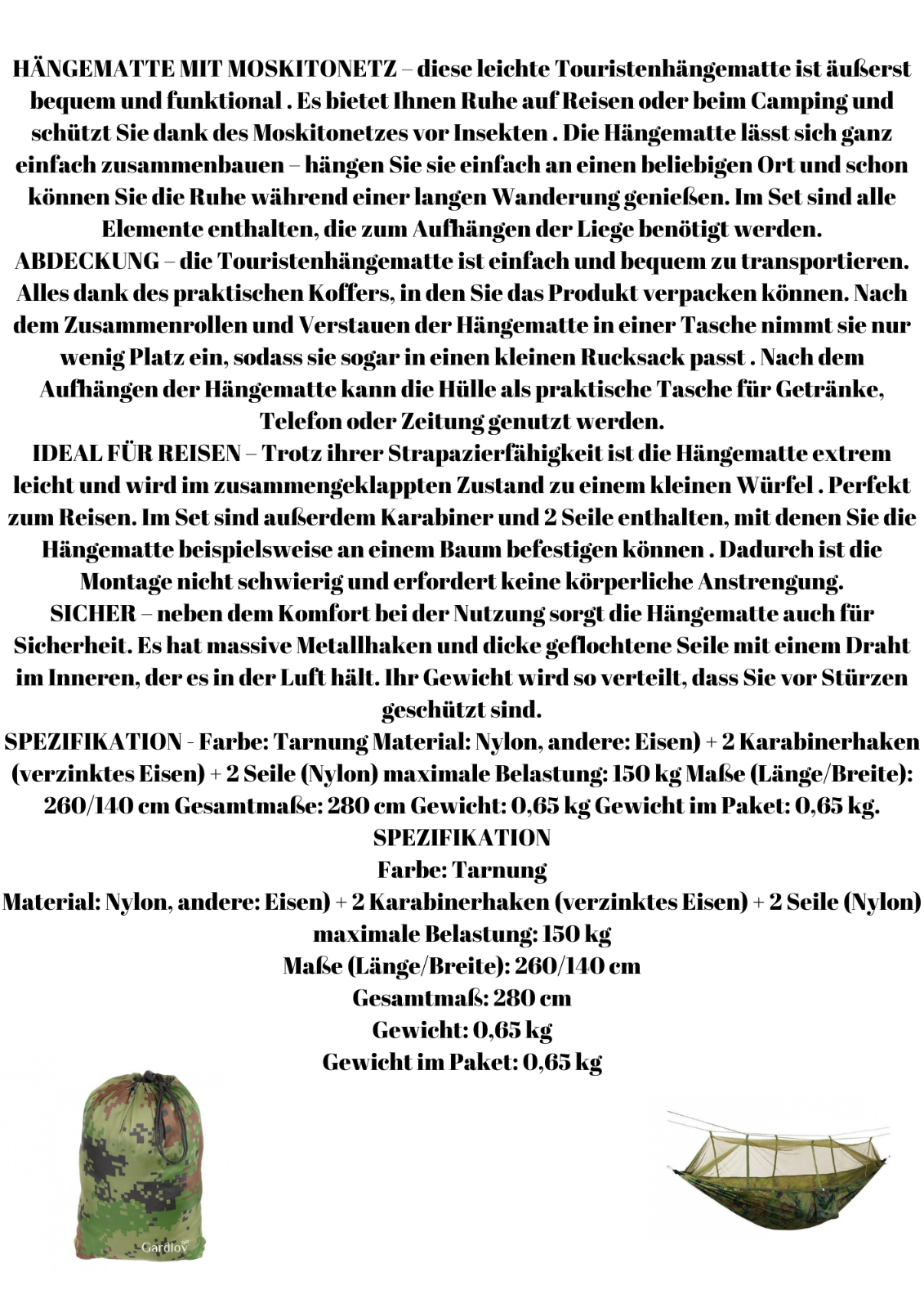 Camping Hängematte mit Moskitonetz – Ultraleichte Outdoor Reisehängematte Tarn