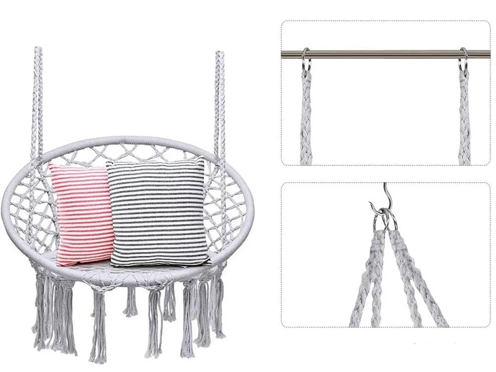 Hängesessel Boho Hängestuhl Hängeschaukel Makramee 120kg Grau Nestschaukel