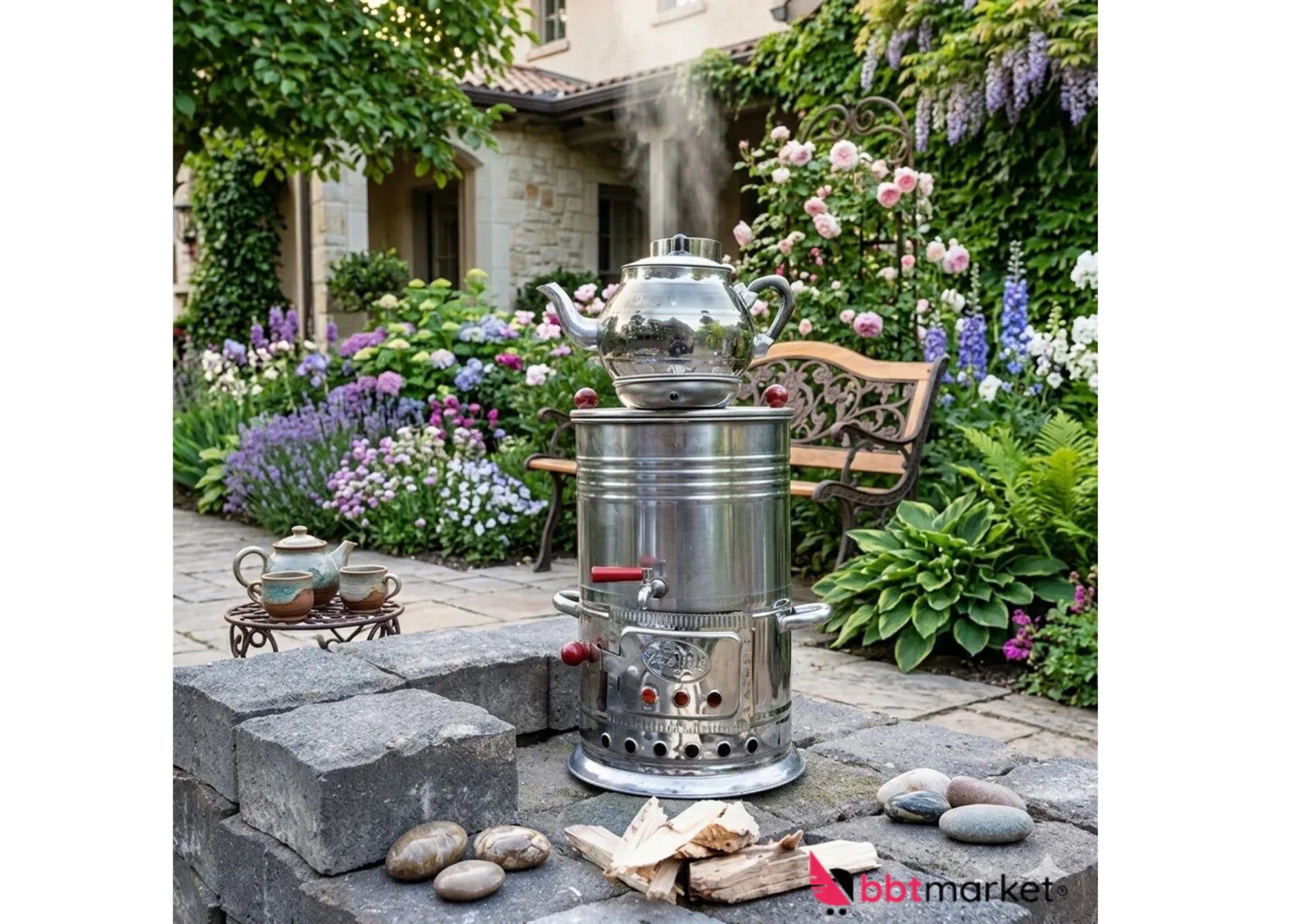 Kohle Samowar 7 Liter ohne Teekanne – Traditioneller Teekocher für Garten, Camping & Picknick