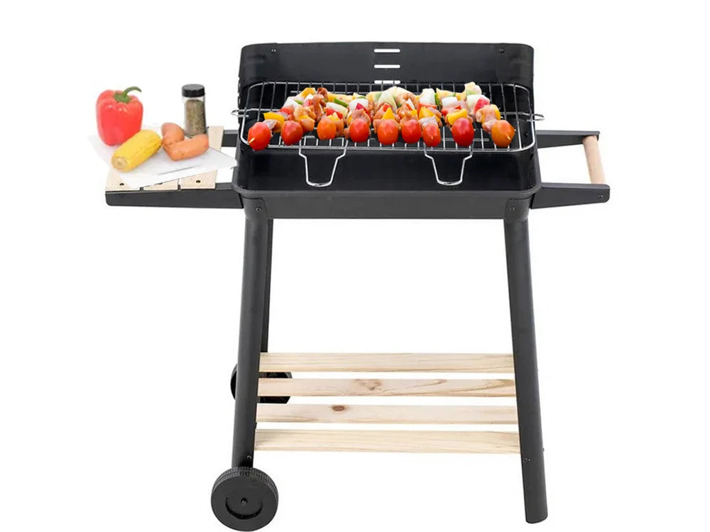 Holzkohlegrill Grillwagen BBQ Grill Höhenverstellbar Ablagen Räder Garten