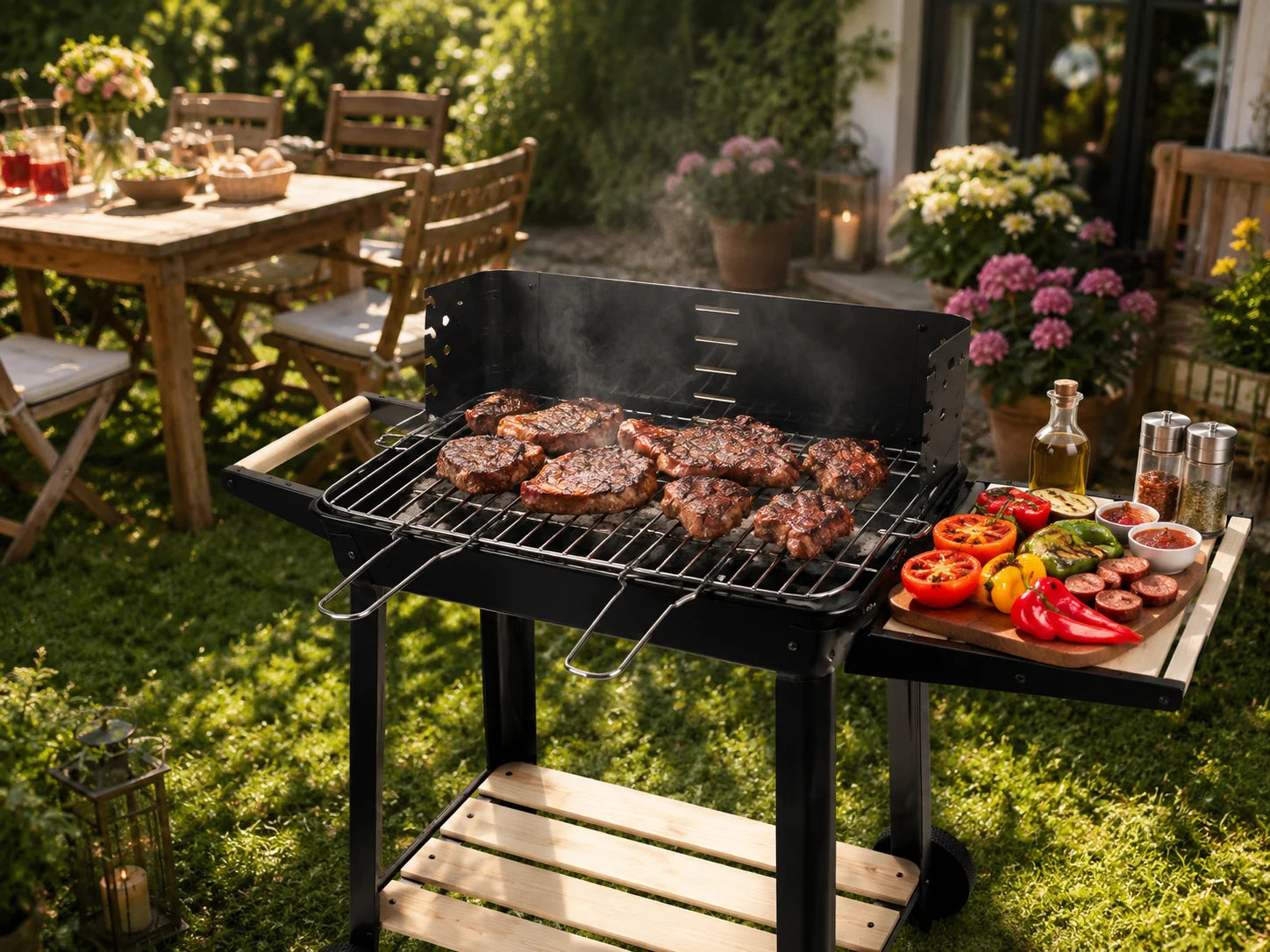 Holzkohlegrill Grillwagen BBQ Grill Höhenverstellbar Ablagen Räder Garten