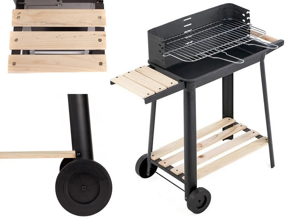 Holzkohlegrill Grillwagen BBQ Grill Höhenverstellbar Ablagen Räder Garten