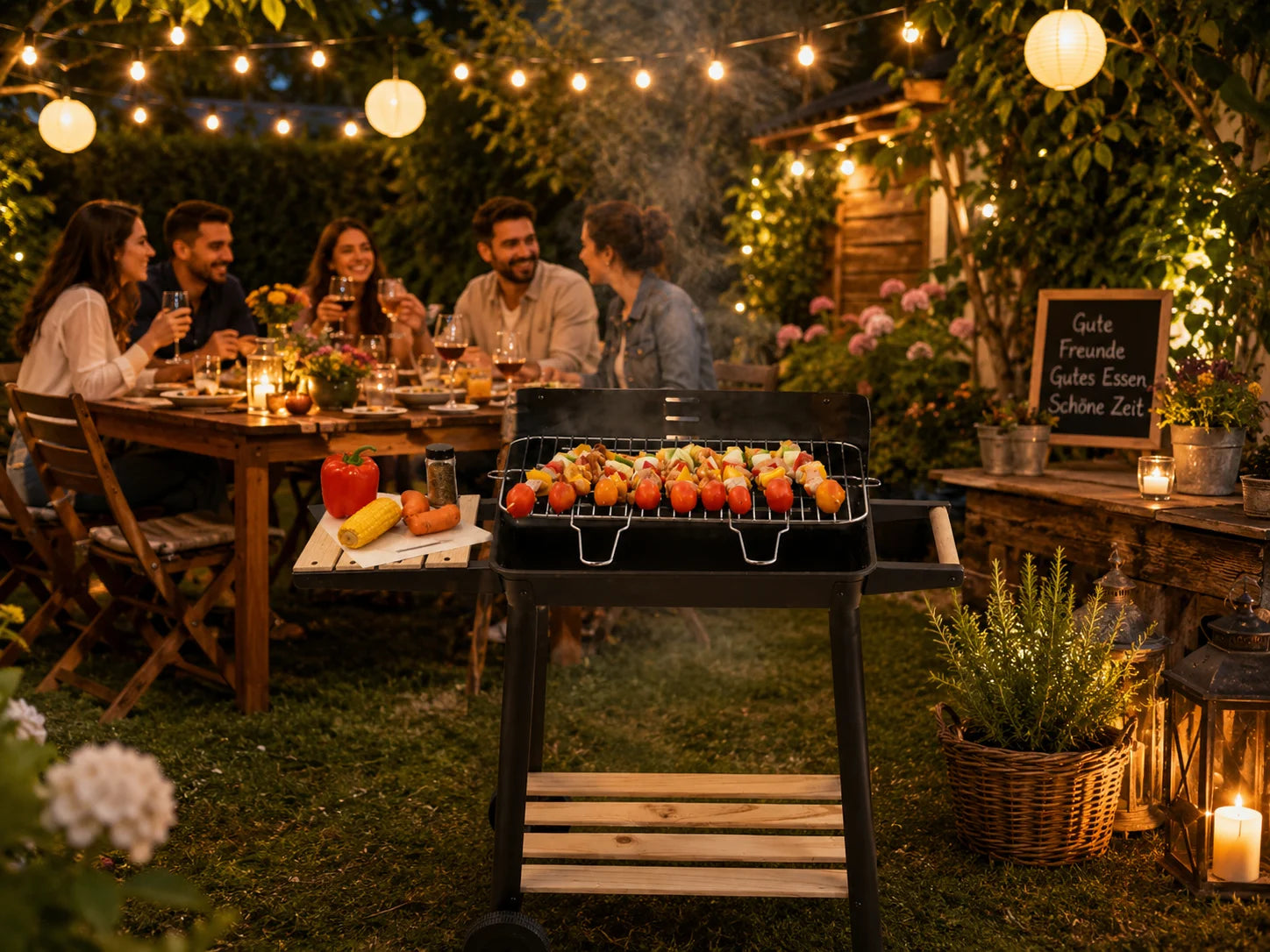 Holzkohlegrill Grillwagen BBQ Grill Höhenverstellbar Ablagen Räder Garten