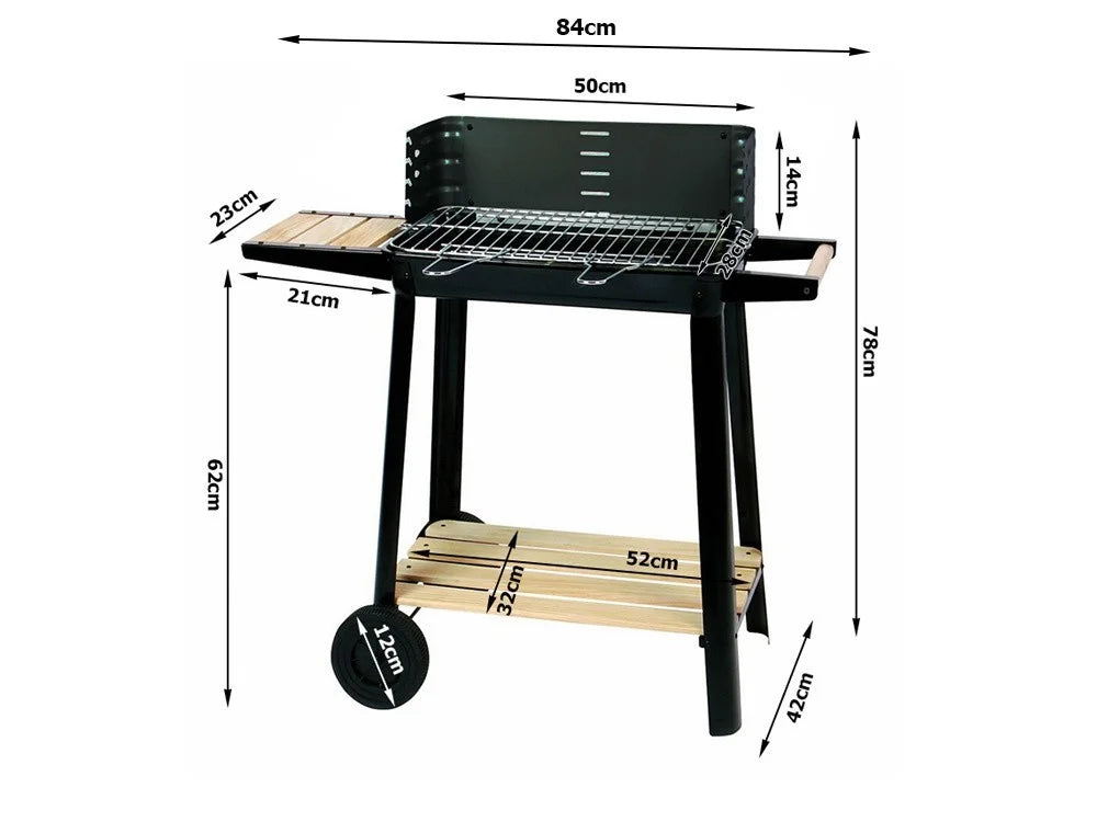 Holzkohlegrill Grillwagen BBQ Grill Höhenverstellbar Ablagen Räder Garten