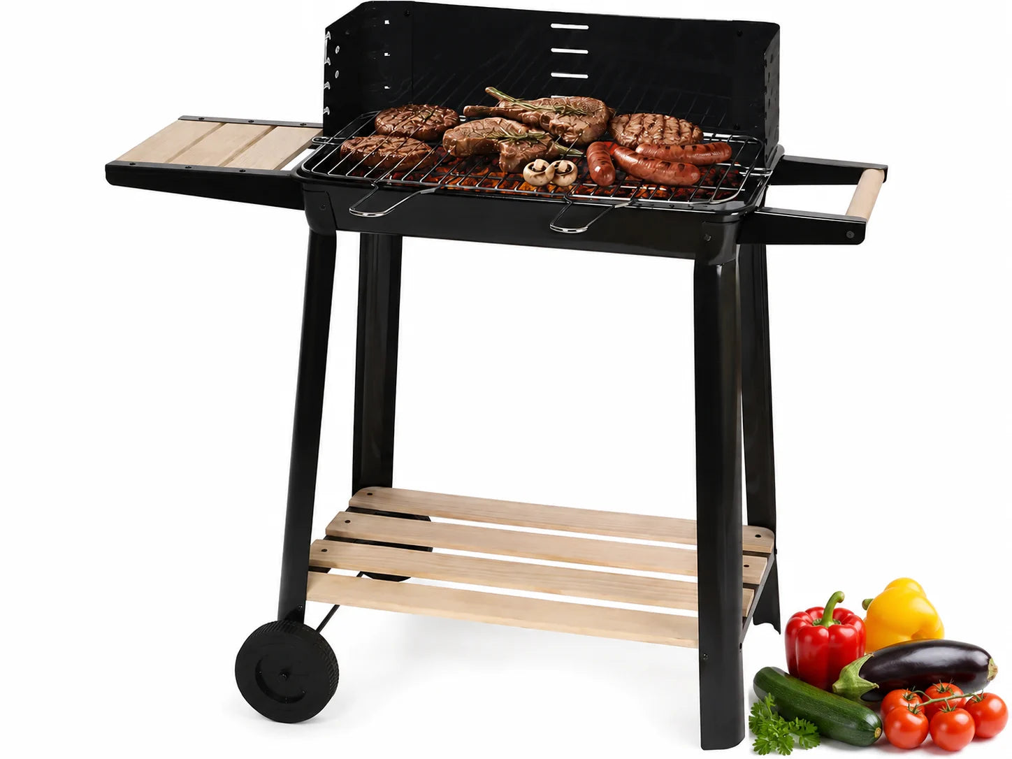 Holzkohlegrill Grillwagen BBQ Grill Höhenverstellbar Ablagen Räder Garten