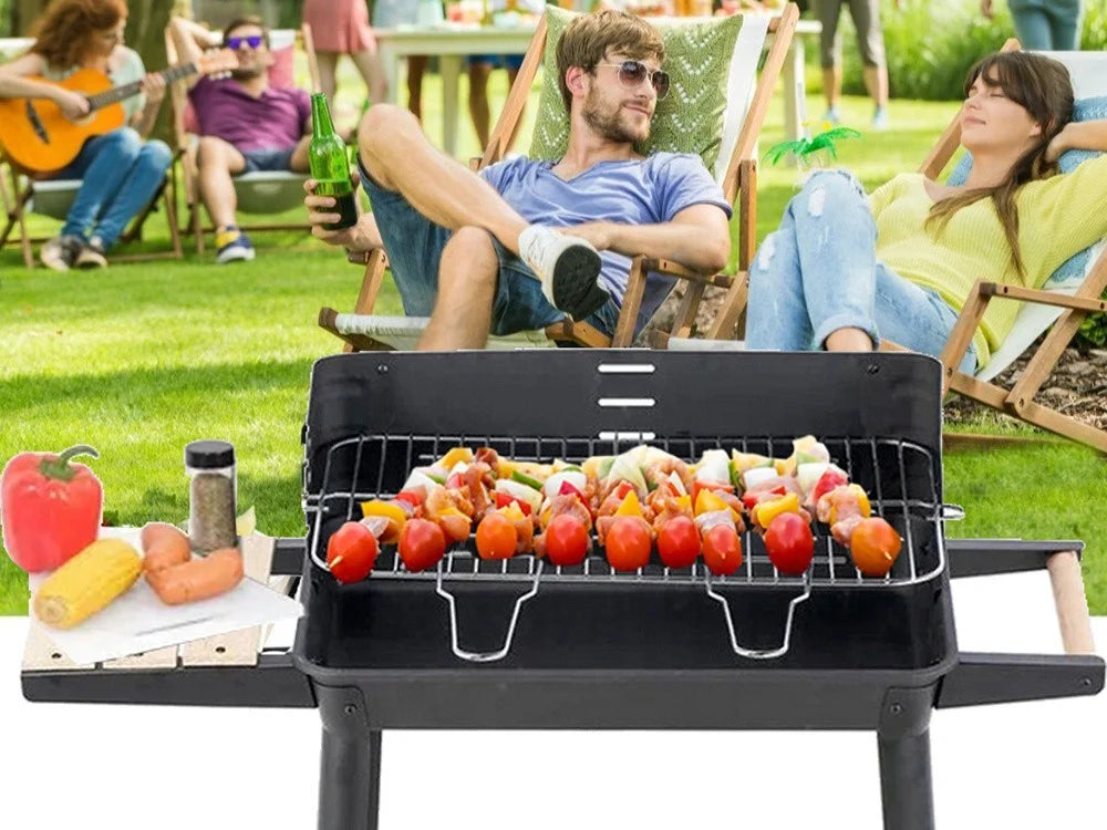 Holzkohlegrill Grillwagen BBQ Grill Höhenverstellbar Ablagen Räder Garten