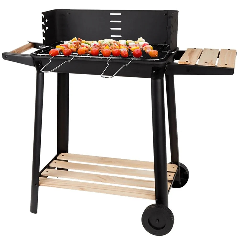 Holzkohlegrill Grillwagen BBQ Grill Höhenverstellbar Ablagen Räder Garten