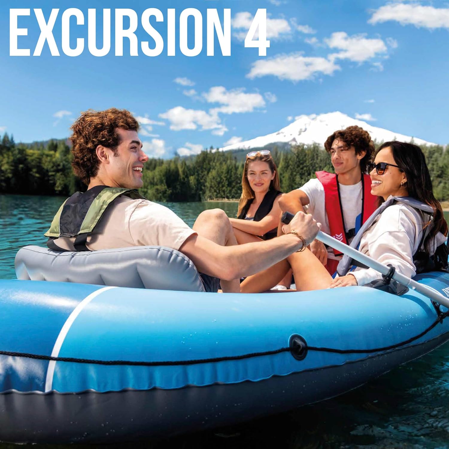 Intex Excursion 4 Schlauchboot Set für 4 Personen mit Aluminiumrudern und Luftpumpe 315 x 165 x 43 cm