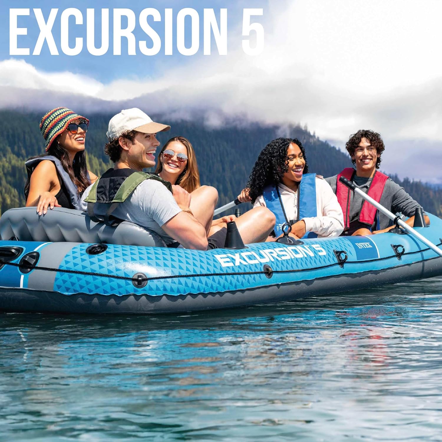 Intex Excursion 5 Schlauchboot Set für 5 Personen mit Aluminiumrudern und Luftpumpe 366 x 168 x 43 cm
