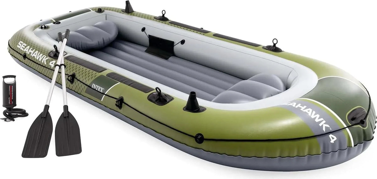 INTEX Seahawk 4 Schlauchboot Set – 4 Personen bis 480 kg mit Alu-Paddeln, Handpumpe & Angelrutenhaltern