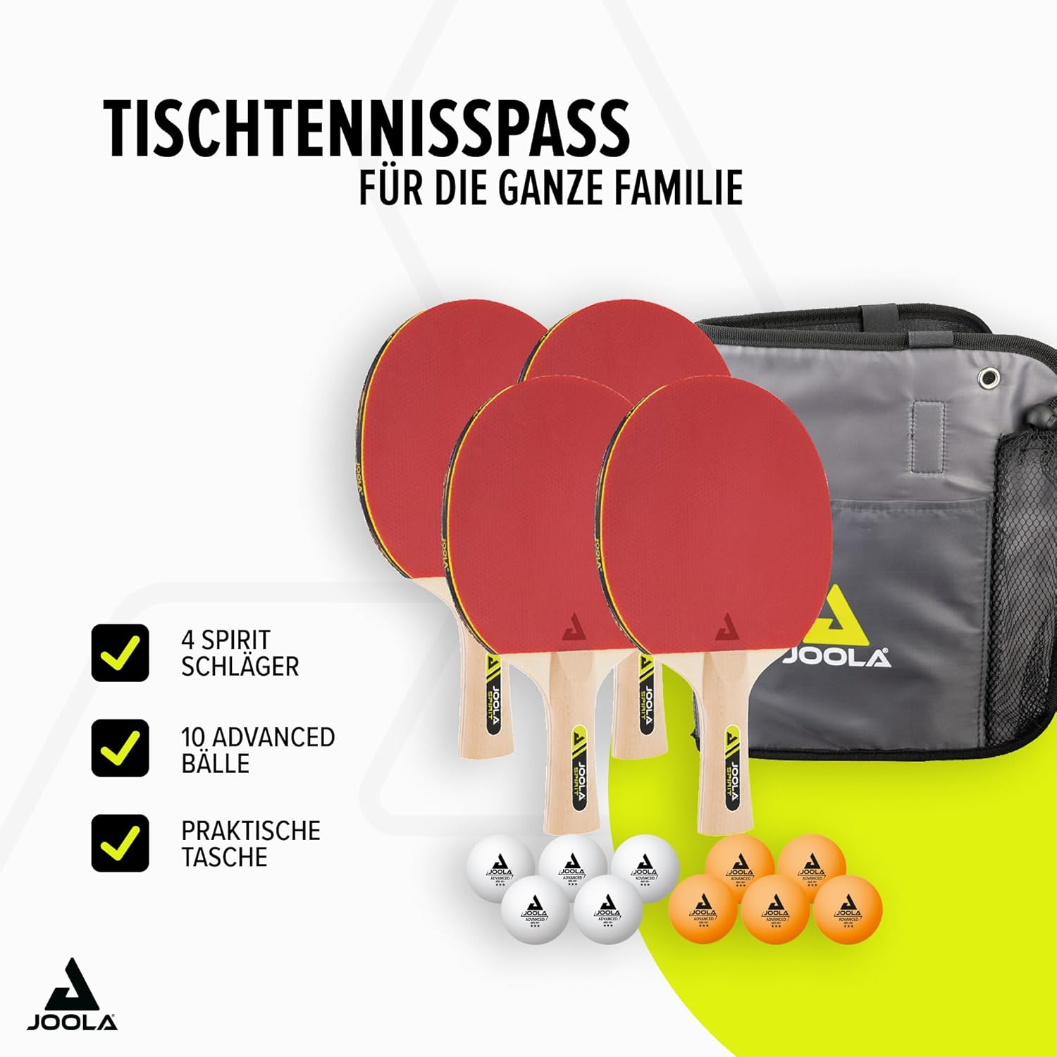 JOOLA Tischtennis Family Set – 4 Schläger, 10 Bälle und Tasche für Familie, Schule und Freizeit