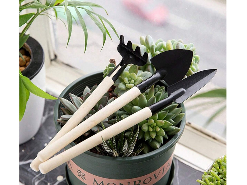 Mini Gartenwerkzeug Set 3-teilig – Schaufel Rechen Spaten für Topfpflanzen Umtopfen