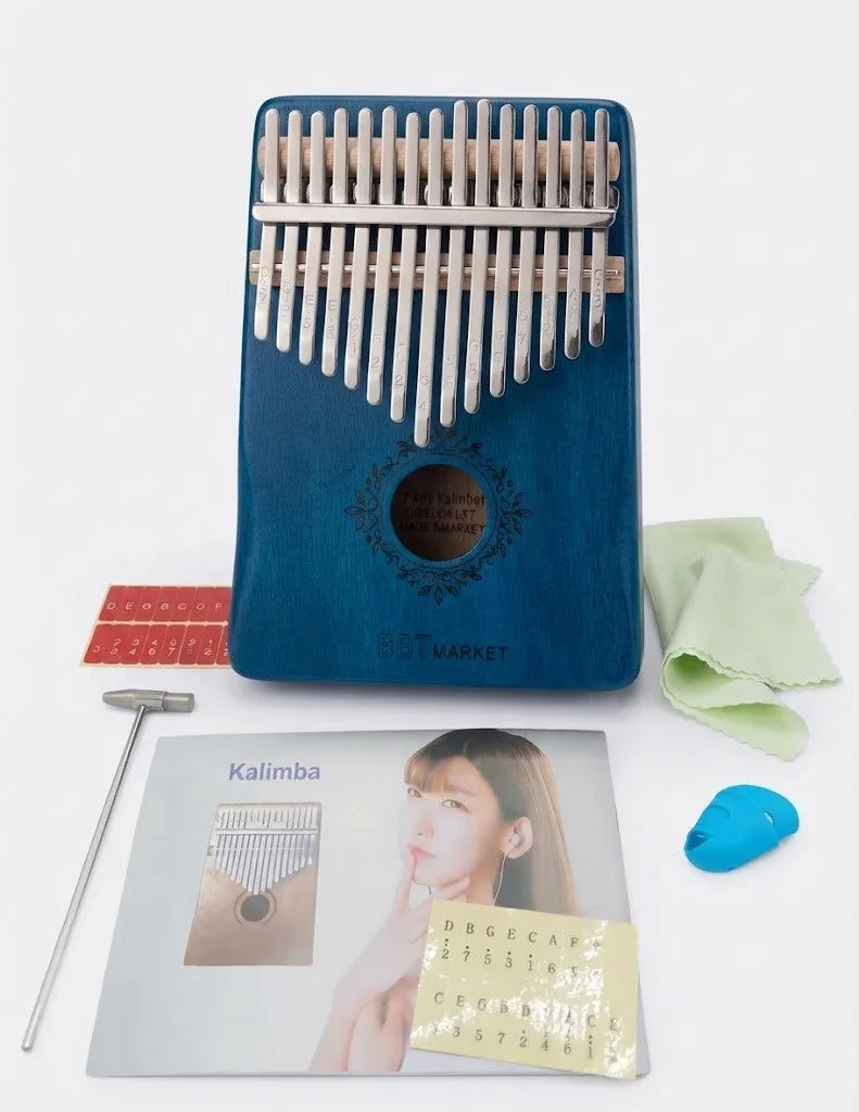 Kalimba 17 Tasten Blau – Daumenklavier aus Holz mit Tasche & Zubehör