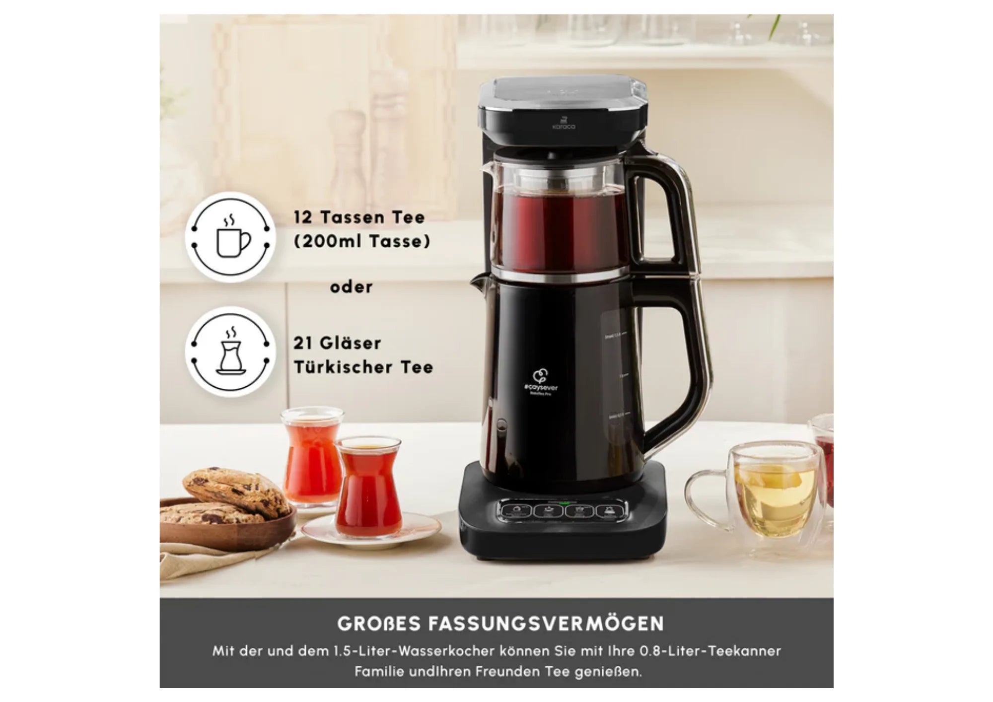 Karaca Caysever Robotea Pro 4in1 Teekocher Wasserkocher Filterkaffee 2500W Schwarz Chrom