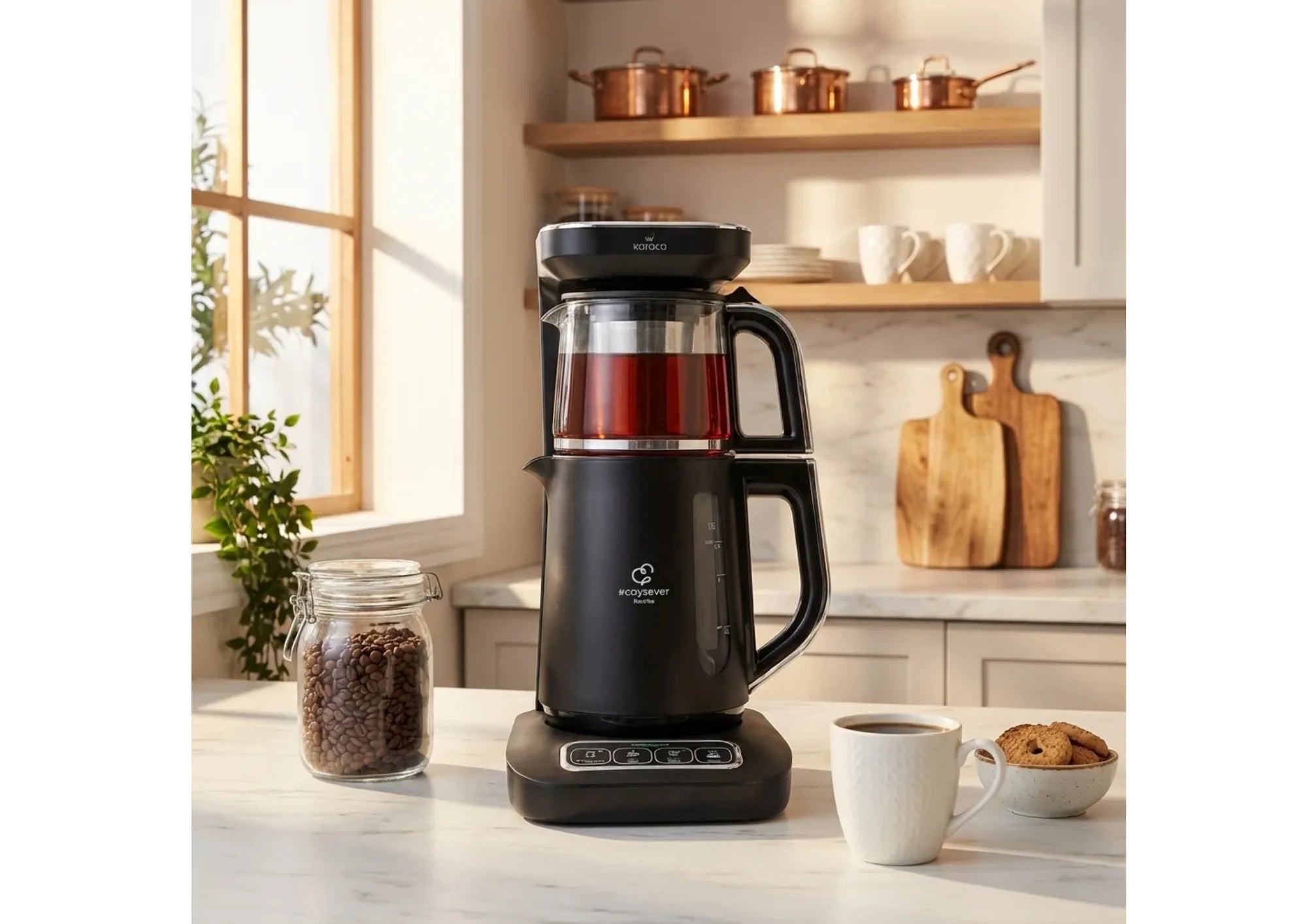 Karaca Caysever Robotea Pro 4in1 Teekocher Wasserkocher Filterkaffee 2500W Schwarz Chrom