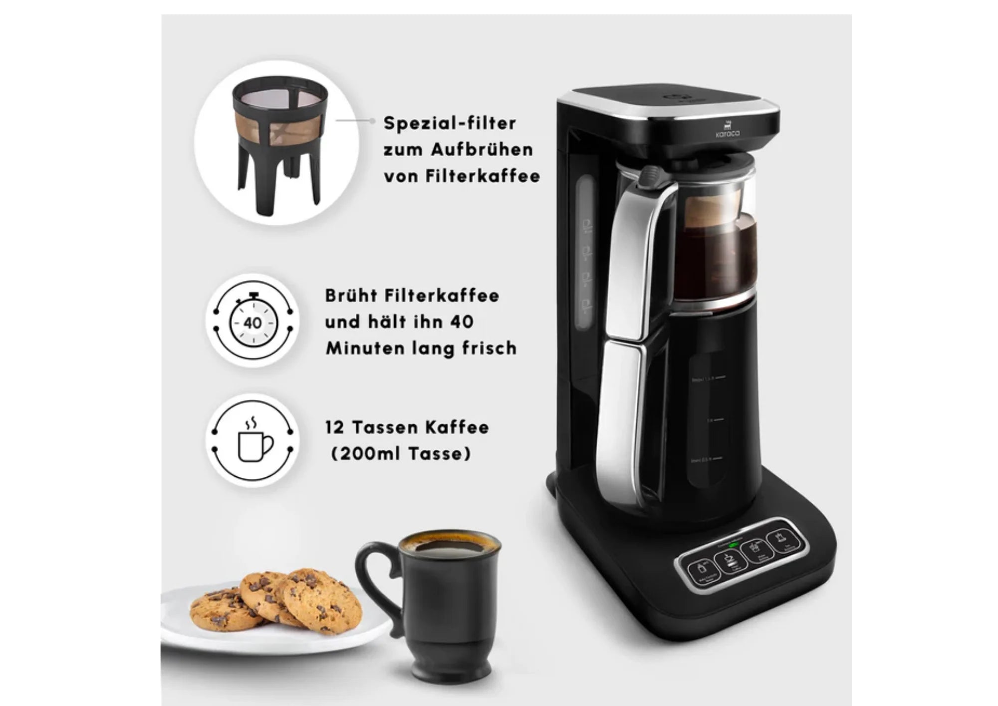 Karaca Caysever Robotea Pro 4in1 Teekocher Wasserkocher Filterkaffee 2500W Schwarz Chrom