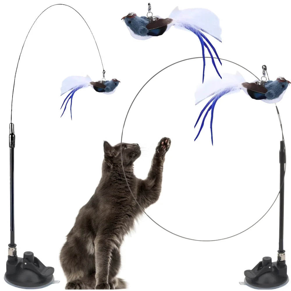 Interaktives Katzenspielzeug mit Vogel, Saugnapf und Katzenangel – Feder-Spielzeug 95 cm für aktive Katzen 🐾🐾🐾