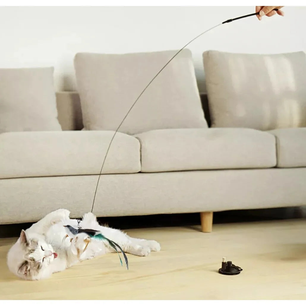 Interaktives Katzenspielzeug mit Vogel, Saugnapf und Katzenangel – Feder-Spielzeug 95 cm für aktive Katzen 🐾🐾🐾