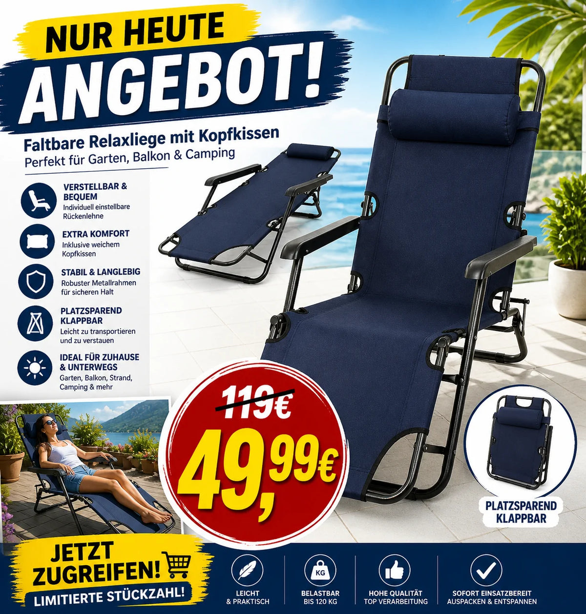 Klappbare Gartenliege Campingliege Sonnenliege Balkon Strand Liegestuhl