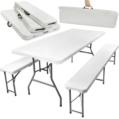 Klappbarer Gartentisch 180cm mit 2 Bänken Festzeltgarnitur Camping Gartenmöbel