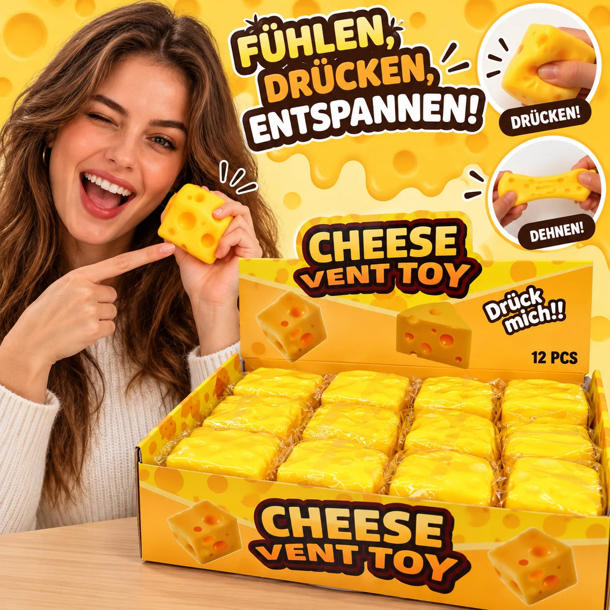 Käse Squishy Gelb Fidget Toy Knautschspielzeug Geschenk Mitgebsel Stressball