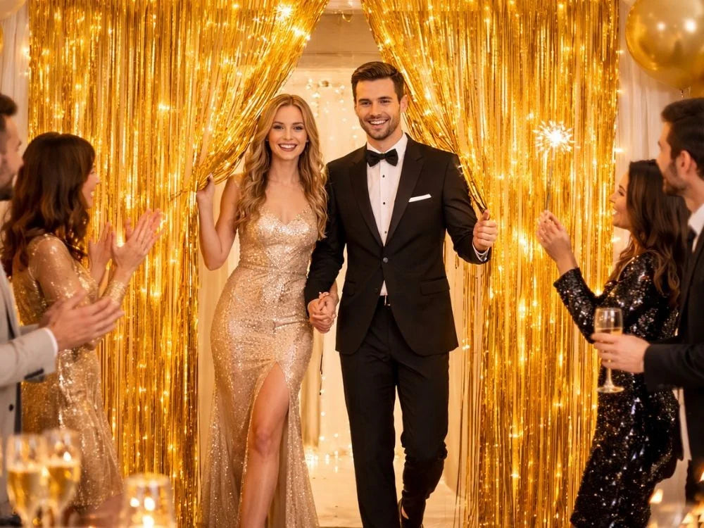 Lametta Vorhang 100x180cm Gold Schwarz Party Fotowand Geburtstag Hochzeit Deko