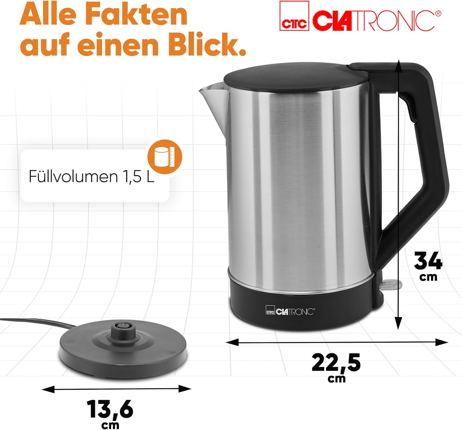 Clatronic Wasserkocher 1,5 Liter – Edelstahl Kettle mit Einhandbedienung & Überhitzungsschutz