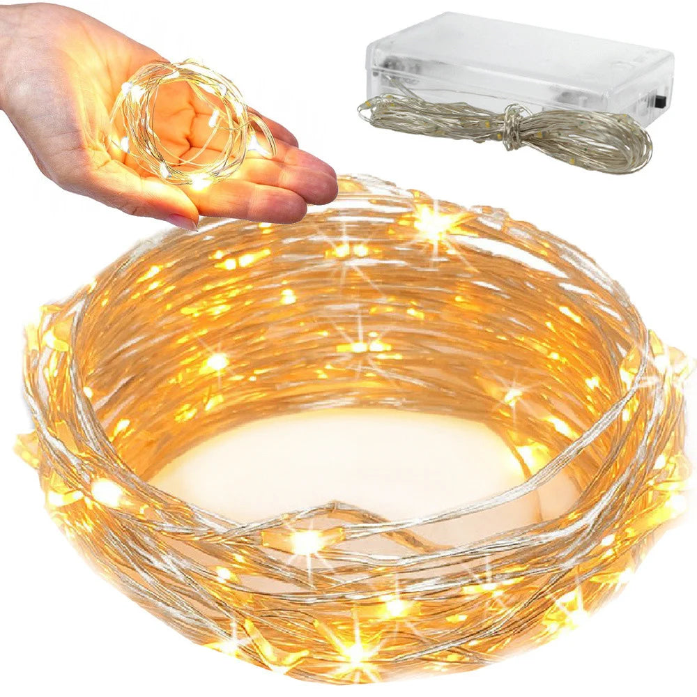 LED Lichterkette 10 m mit 100 LEDs – warmweiße Drahtlichterkette mit Batteriebetrieb für Weihnachten & Dekoration