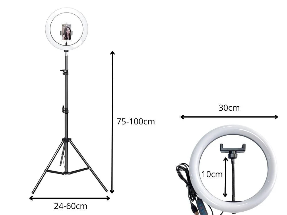 LED Ringlicht 12 Zoll (30 cm) mit Stativ und Handyhalter – Dimmbares Ringlicht mit 3 Lichtfarben für Foto, Video und Livestream