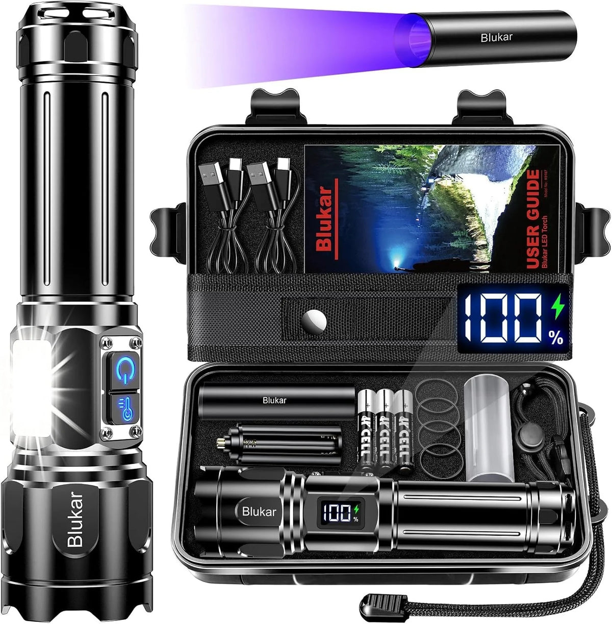 LED Taschenlampe 5000mAh USB-C Wiederaufladbar Zoom 7 Modi COB Powerbank Outdoor