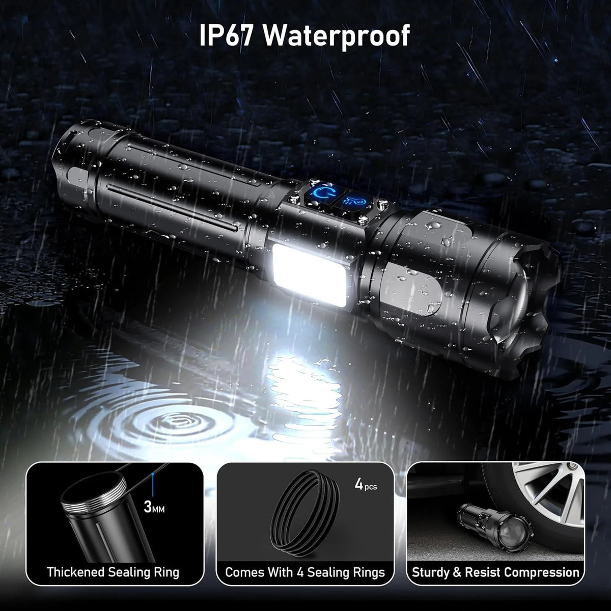 LED Taschenlampe 5000mAh USB-C Wiederaufladbar Zoom 7 Modi COB Powerbank Outdoor