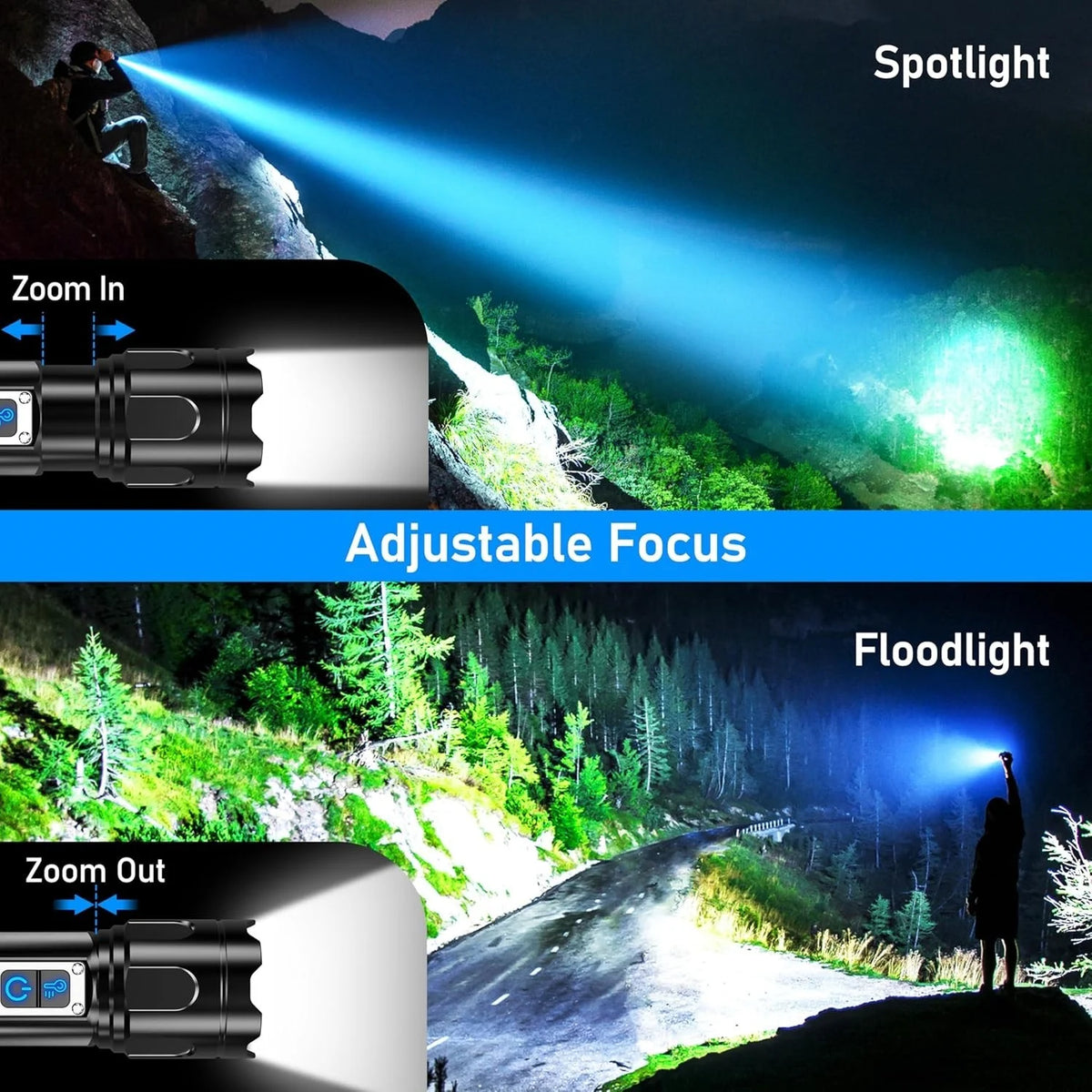 LED Taschenlampe 5000mAh USB-C Wiederaufladbar Zoom 7 Modi COB Powerbank Outdoor