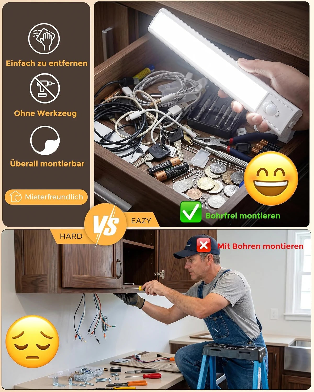 LED Unterbauleuchte Küche 25 cm – 1 Stück mit Bewegungsmelder, Akku, 3 Lichtfarben & USB-C