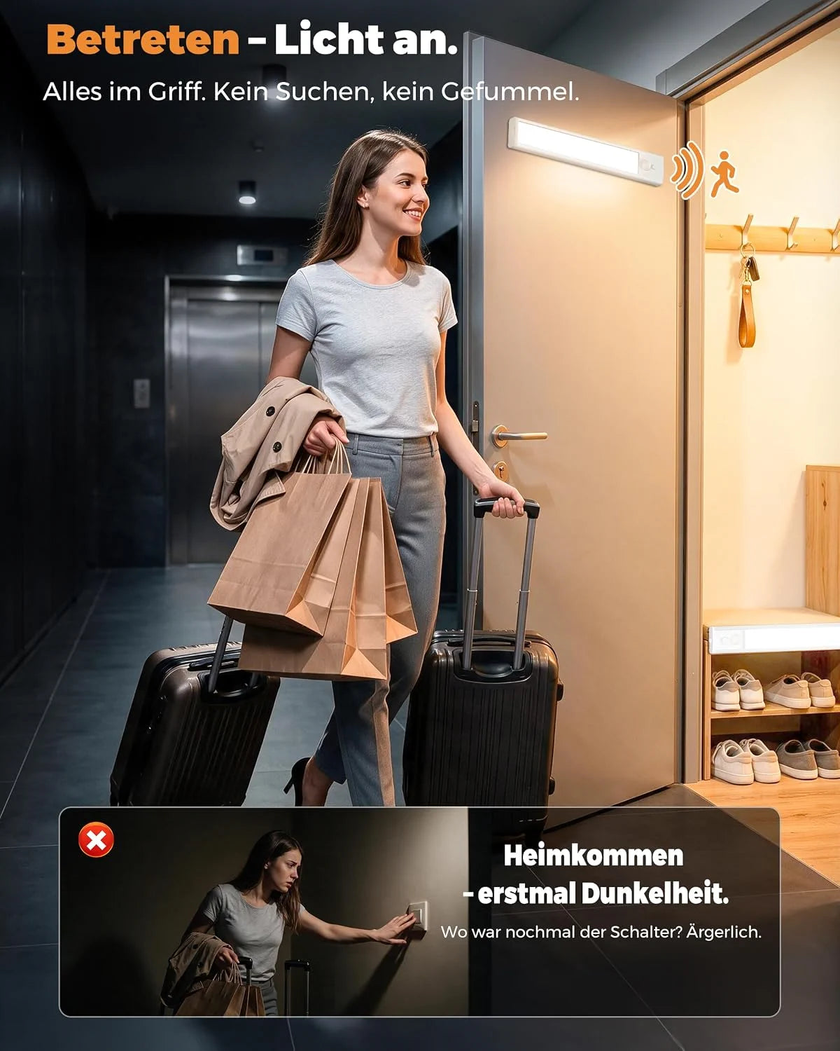 LED Unterbauleuchte Küche 25 cm – 1 Stück mit Bewegungsmelder, Akku, 3 Lichtfarben & USB-C