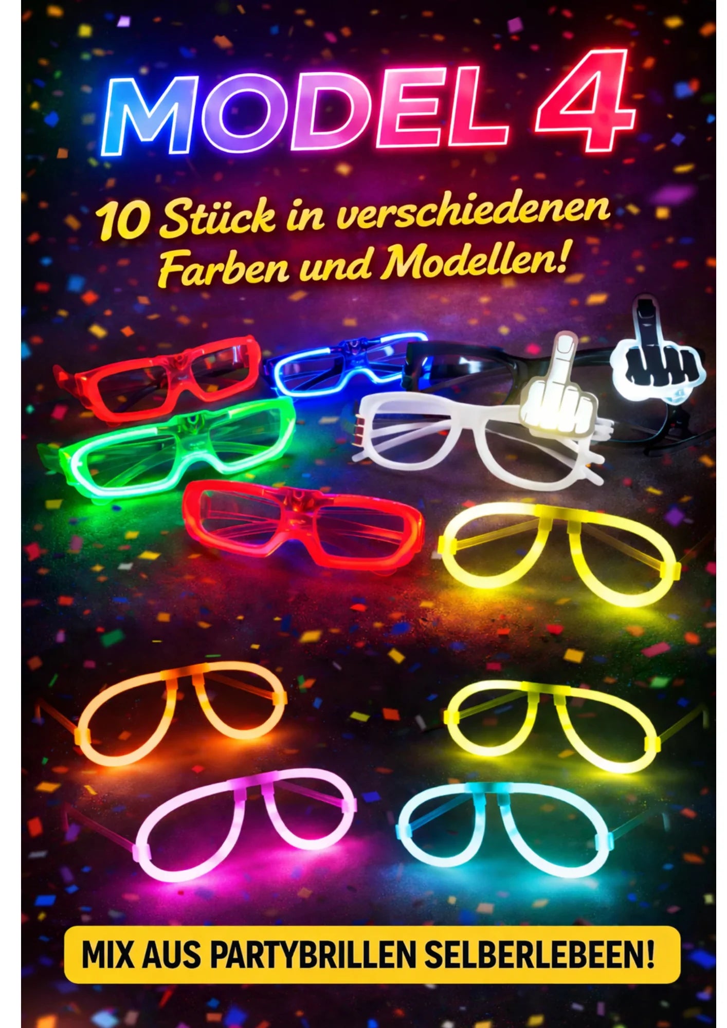Leuchtende Partybrille Neon – 4 Modelle (LED & Glow) wählbar für Party, Festival & Nachtclub