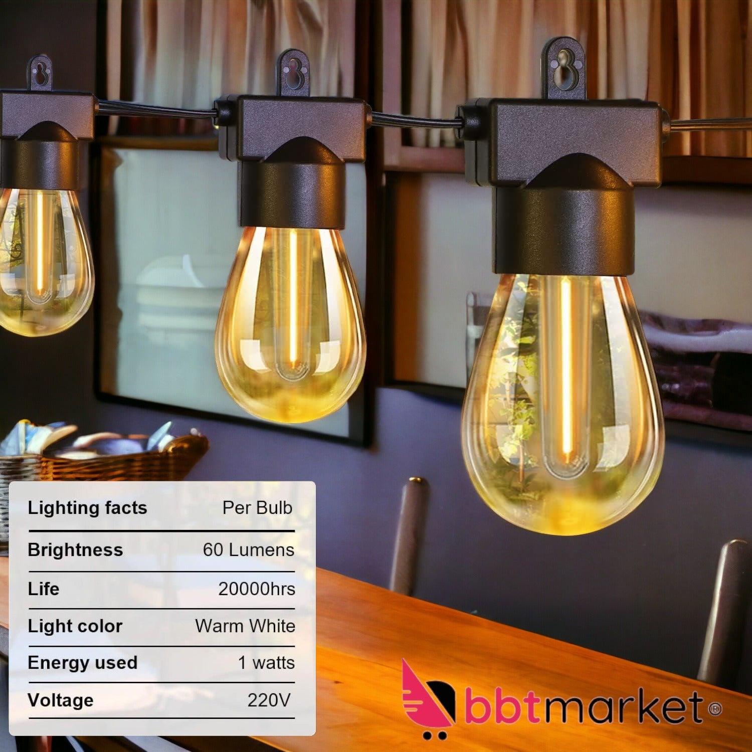 LED-Lichterkette Warmweiß  15+2 S14 Birnen Alle-Wetter Nutzbar Länge:15.3M Strom