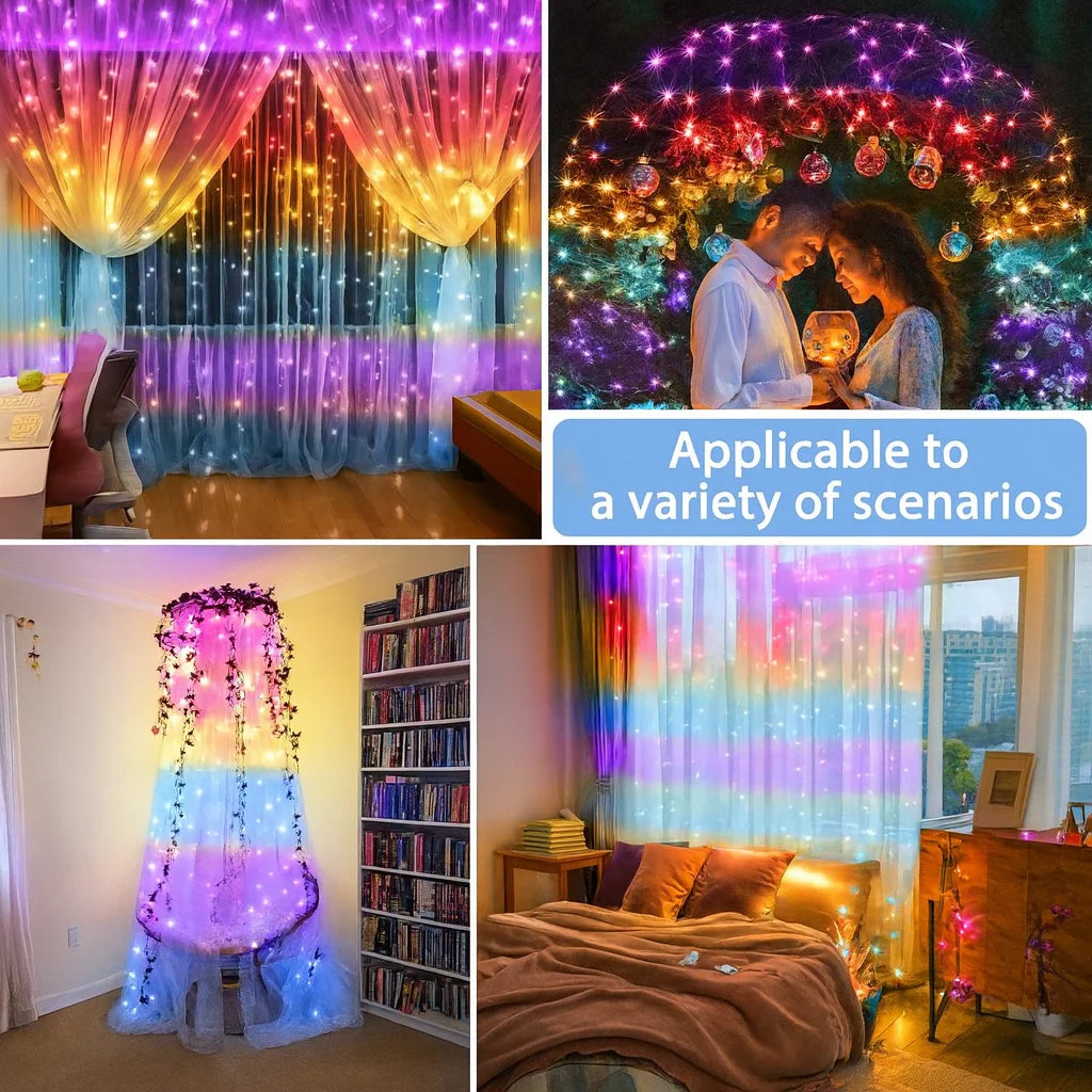 Lichtervorhang 3x3m 300 LED Regenbogen, USB & Fernbedienung, 8 Modi Timer 🌈✨
