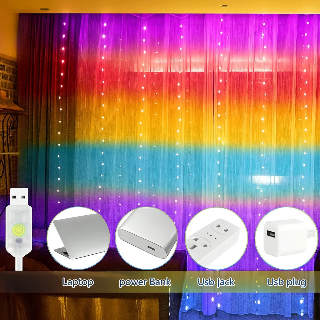 Lichtervorhang 3x3m 300 LED Regenbogen, USB & Fernbedienung, 8 Modi Timer 🌈✨