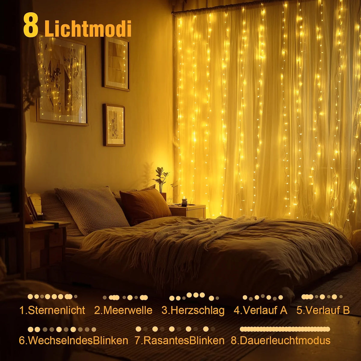 Lichtervorhang LED Warmweiß USB Fernbedienung 8 Modi Timer Hochzeit Deko 3x3m
