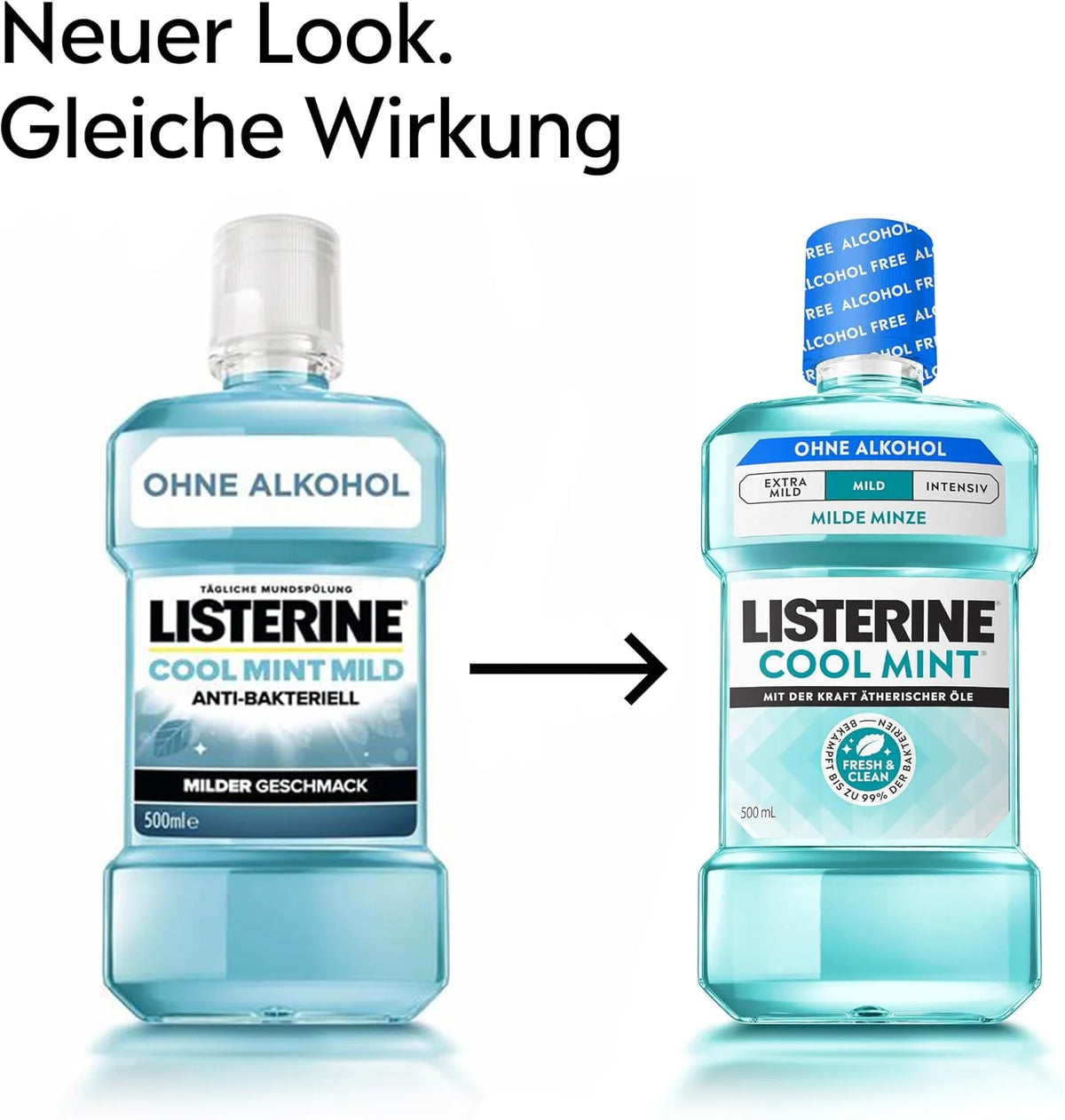 Listerine Cool Mint Mild 500 ml – antibakterielle alkoholfreie Mundspülung mit ätherischen Ölen & mildem Minzgeschmack
