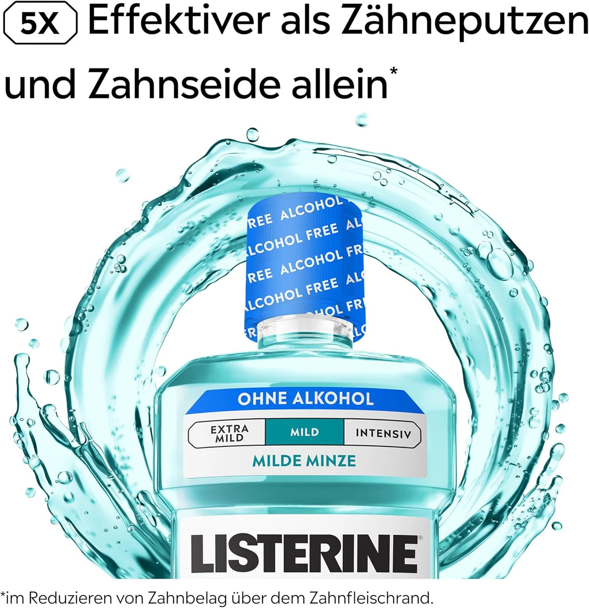 Listerine Cool Mint Mild 500 ml – antibakterielle alkoholfreie Mundspülung mit ätherischen Ölen & mildem Minzgeschmack