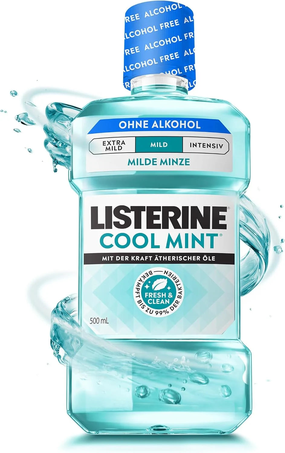 Listerine Cool Mint Mild 500 ml – antibakterielle alkoholfreie Mundspülung mit ätherischen Ölen & mildem Minzgeschmack